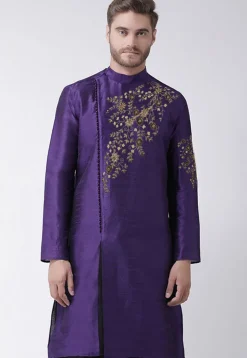 Embroidered Dupion Silk Kurta in Dark Purple