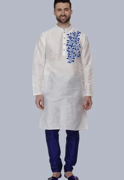 Embroidered Dupion Silk Kurta Set in White