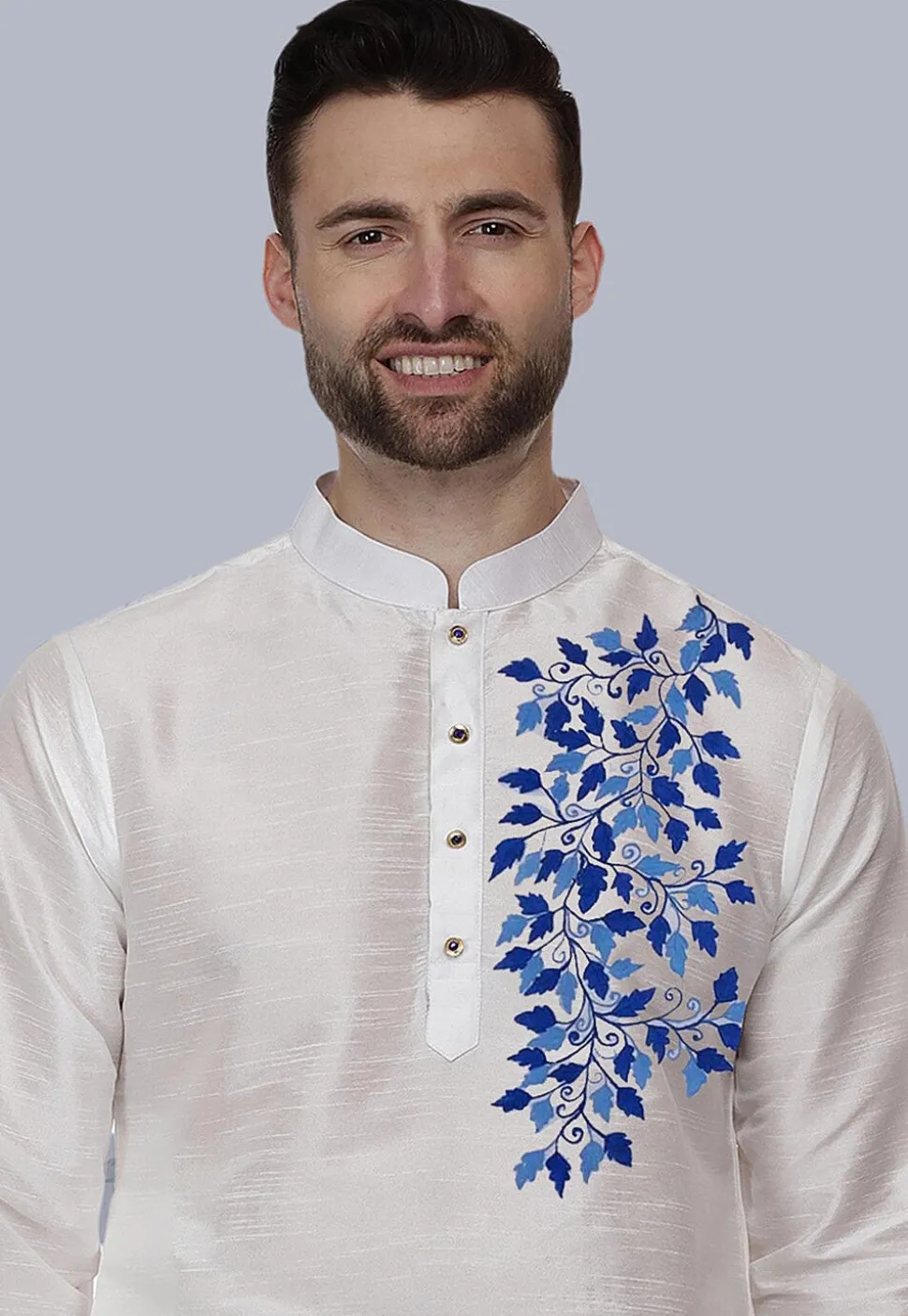 Embroidered Dupion Silk Kurta Set in White