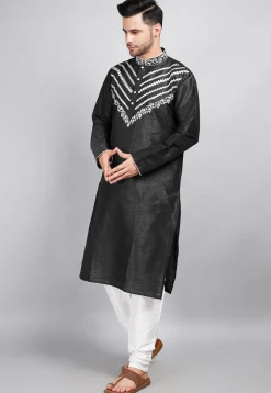 Embroidered Dupion Silk Kurta Set in Black