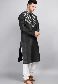 Embroidered Dupion Silk Kurta Set in Black
