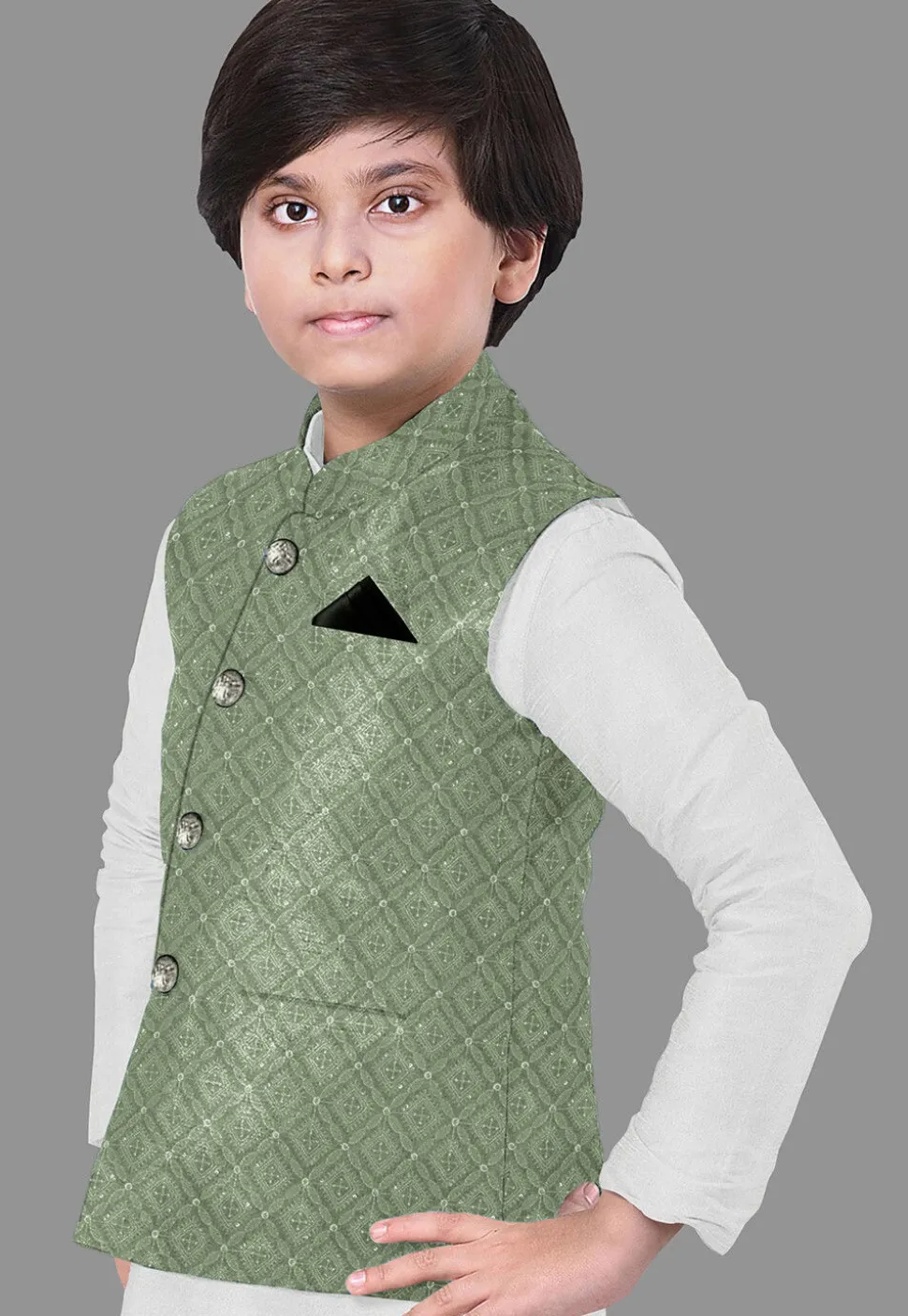 Embroidered Dupion Silk Kurta Set in Off White and Dusty Green
