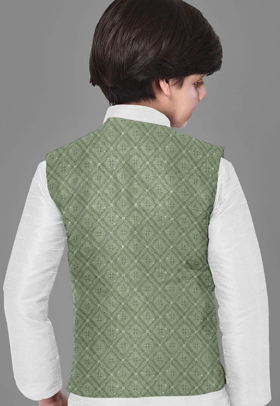 Embroidered Dupion Silk Kurta Set in Off White and Dusty Green