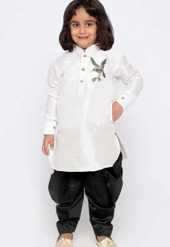 Embroidered Dupion Silk Kurta Set in White