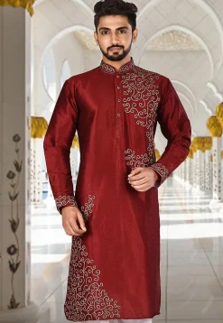Embroidered Dupion Silk Kurta in Maroon