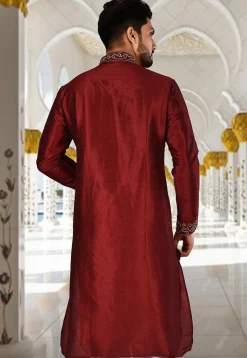 Embroidered Dupion Silk Kurta in Maroon