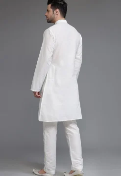 Embroidered Dupion Silk Kurta Set in White