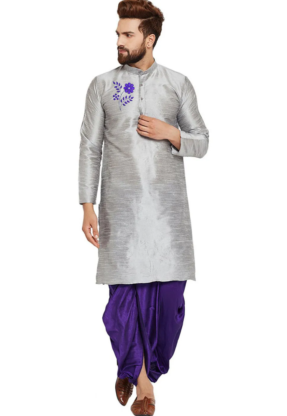 Embroidered Dupion Silk Kurta Set in Light Grey