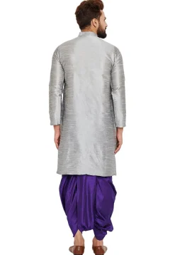 Embroidered Dupion Silk Kurta Set in Light Grey