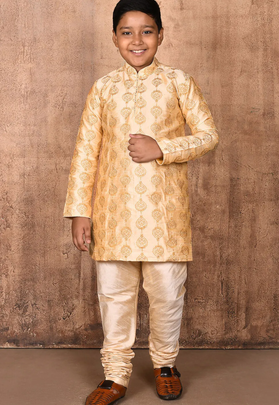Embroidered Dupion Silk Kurta Set in Light Beige