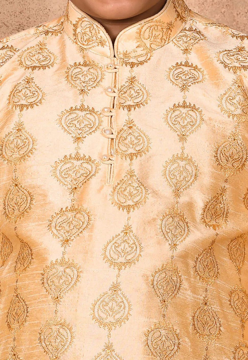 Embroidered Dupion Silk Kurta Set in Light Beige