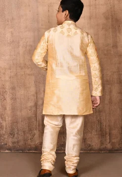 Embroidered Dupion Silk Kurta Set in Light Beige