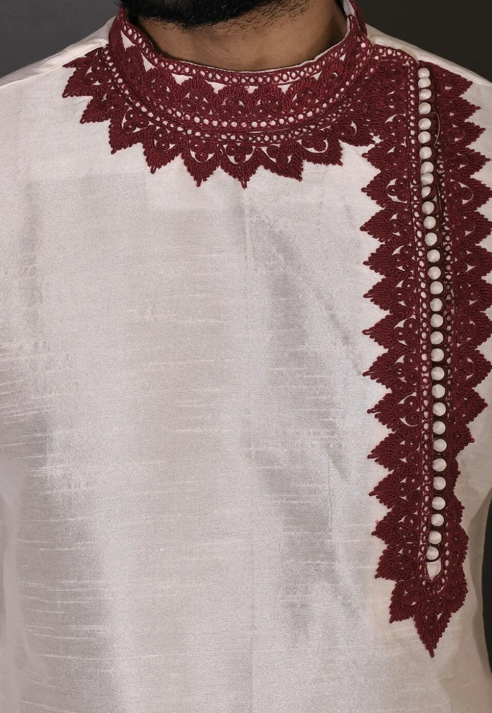 Embroidered Dupion Silk Kurta Set in Cream