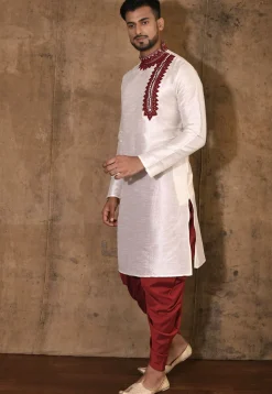Embroidered Dupion Silk Kurta Set in Cream