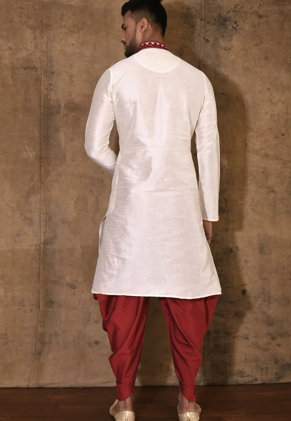 Embroidered Dupion Silk Kurta Set in Cream
