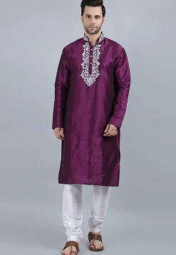 Embroidered Dupion Silk Kurta Set in Violet