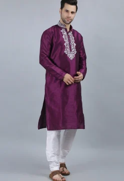 Embroidered Dupion Silk Kurta Set in Violet