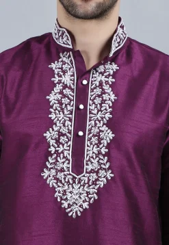 Embroidered Dupion Silk Kurta Set in Violet