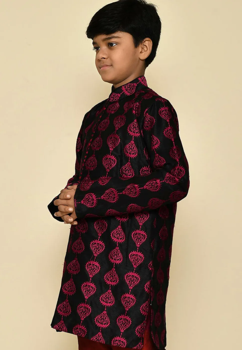Embroidered Dupion Silk Kurta in Black