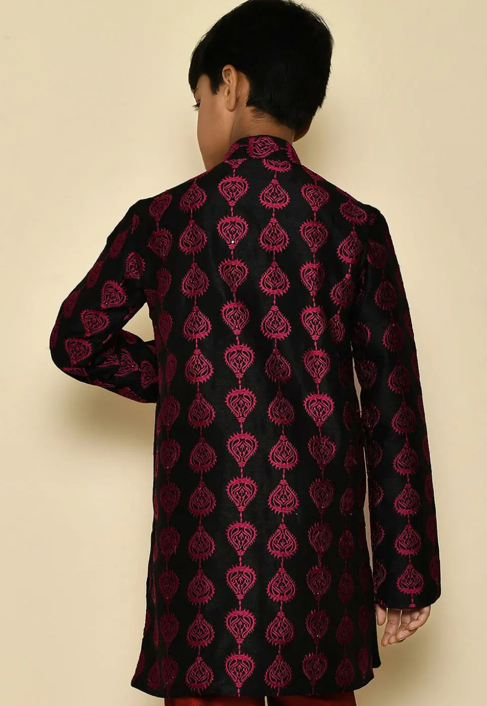 Embroidered Dupion Silk Kurta in Black