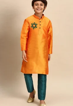 Embroidered Dupion Silk Kurta Set in Orange