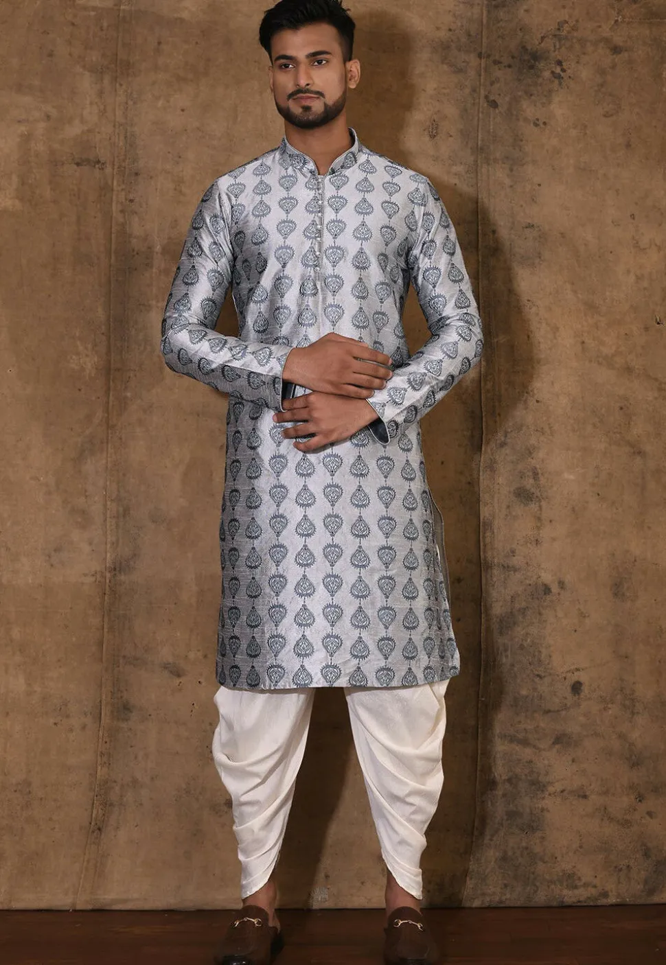 Embroidered Dupion Silk Kurta Set in Grey