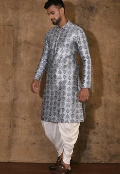 Embroidered Dupion Silk Kurta Set in Grey