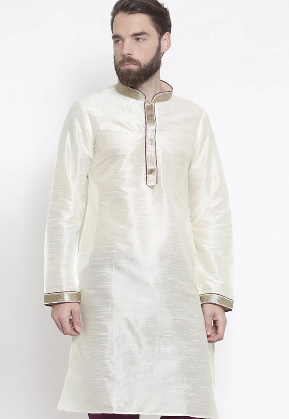 Embroidered Dupion Silk Kurta in Cream
