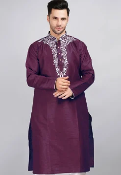 Embroidered Dupion Silk Kurta in Violet