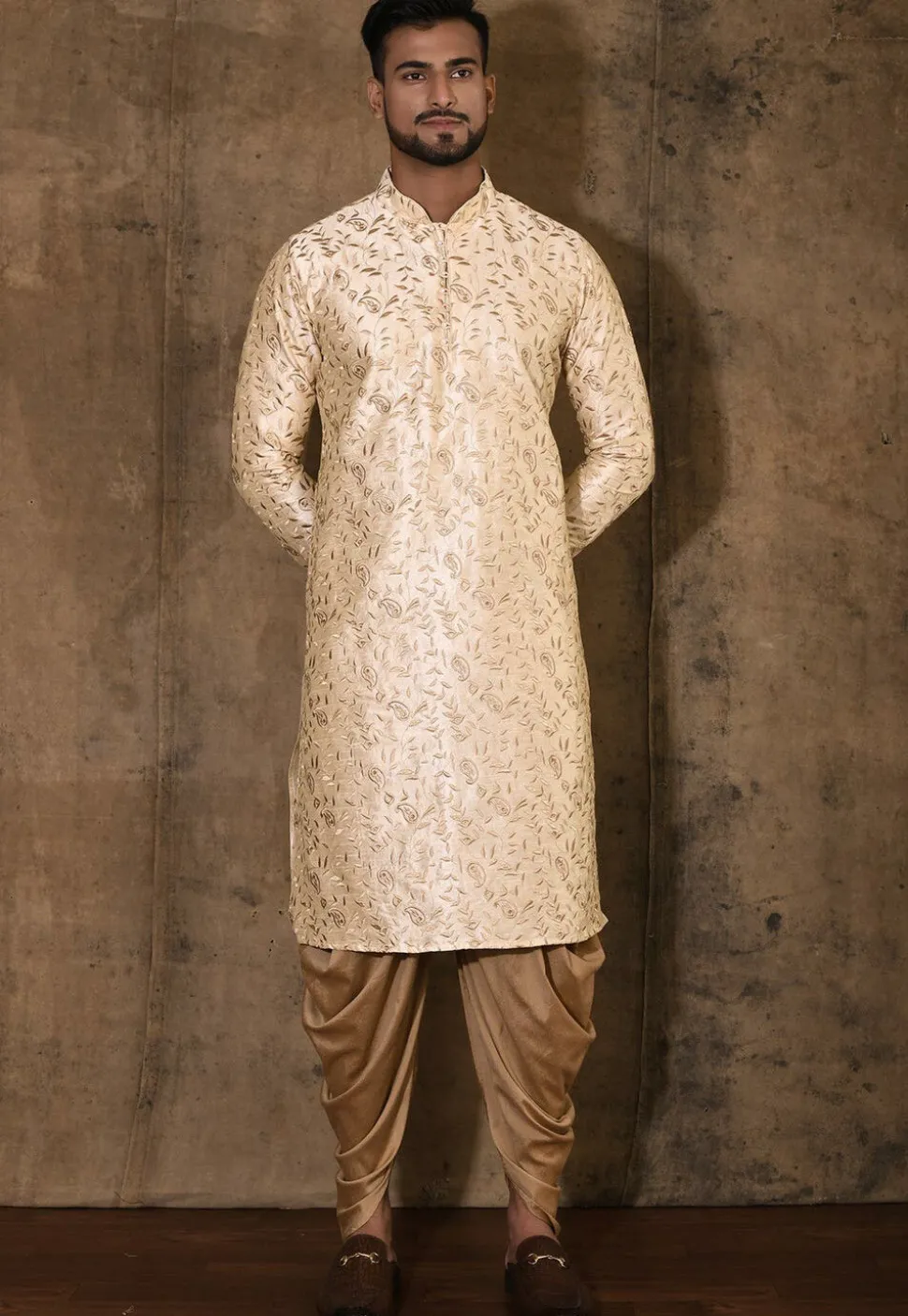 Embroidered Dupion Silk Kurta Set in Beige
