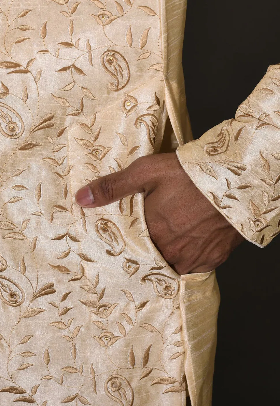 Embroidered Dupion Silk Kurta Set in Beige
