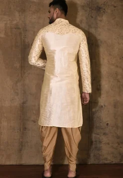Embroidered Dupion Silk Kurta Set in Beige