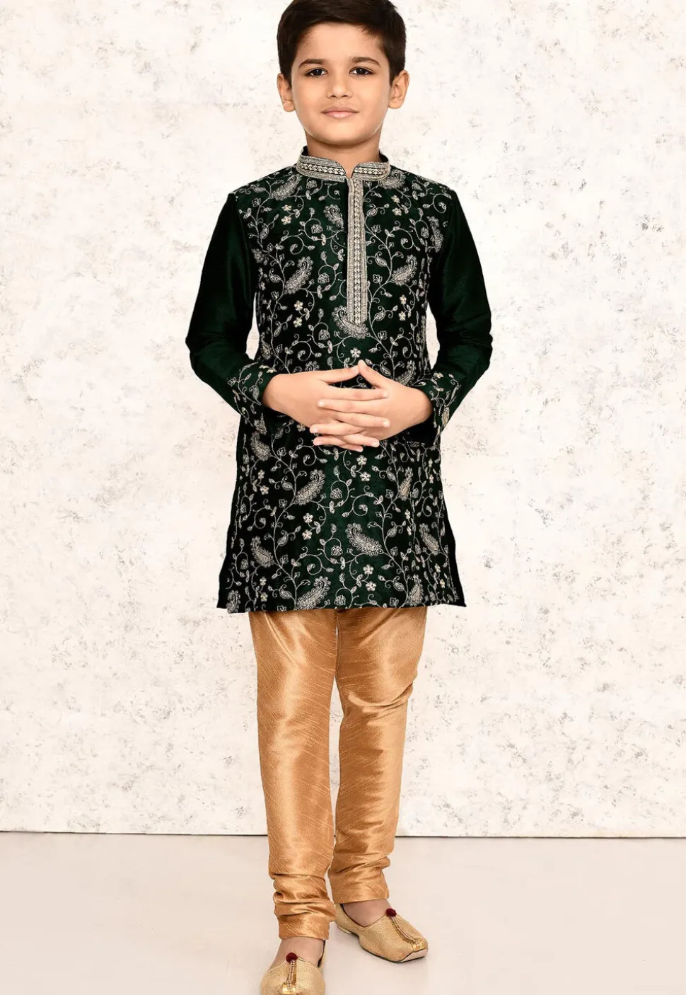 Embroidered Dupion Silk Kurta Set in Dark Green