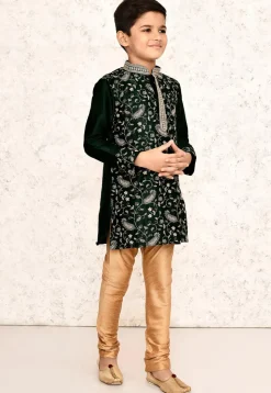 Embroidered Dupion Silk Kurta Set in Dark Green