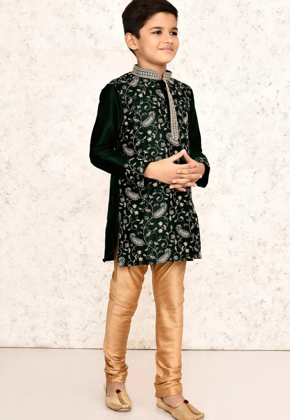 Embroidered Dupion Silk Kurta Set in Dark Green