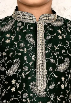 Embroidered Dupion Silk Kurta Set in Dark Green