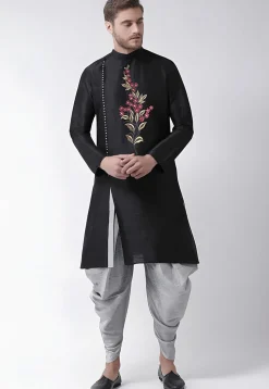 Embroidered Dupion Silk Kurta Set in Black