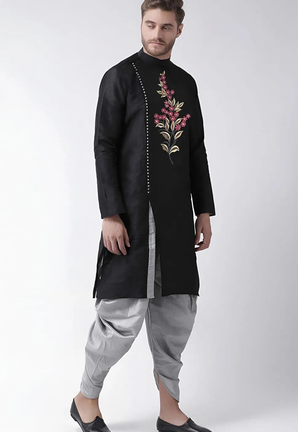Embroidered Dupion Silk Kurta Set in Black