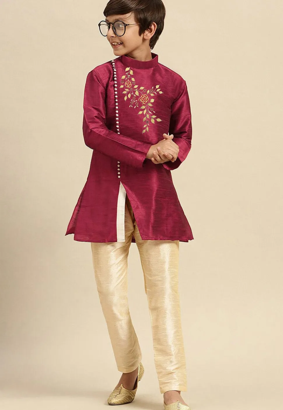 Embroidered Dupion Silk Kurta in Fuchsia