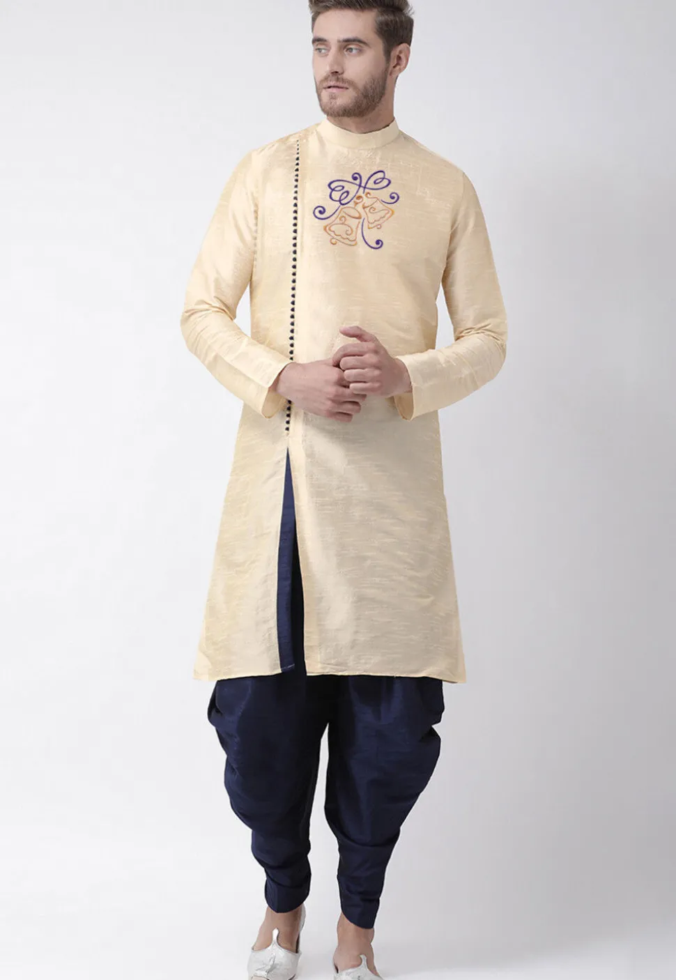 Embroidered Dupion Silk Kurta Set in Beige