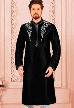 Embroidered Dupion Silk Kurta in Black