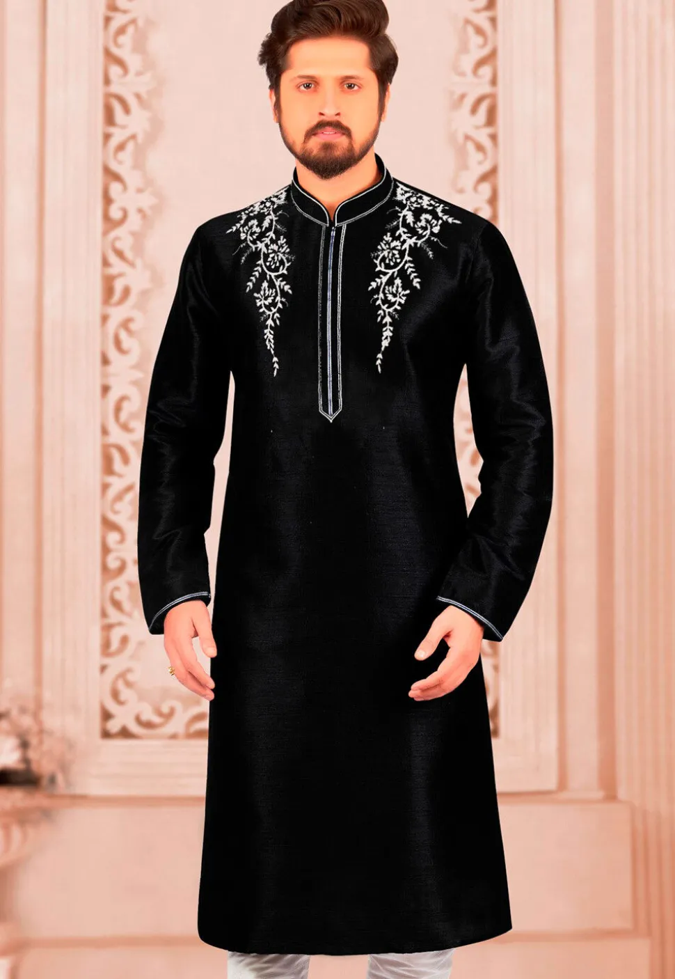 Embroidered Dupion Silk Kurta in Black