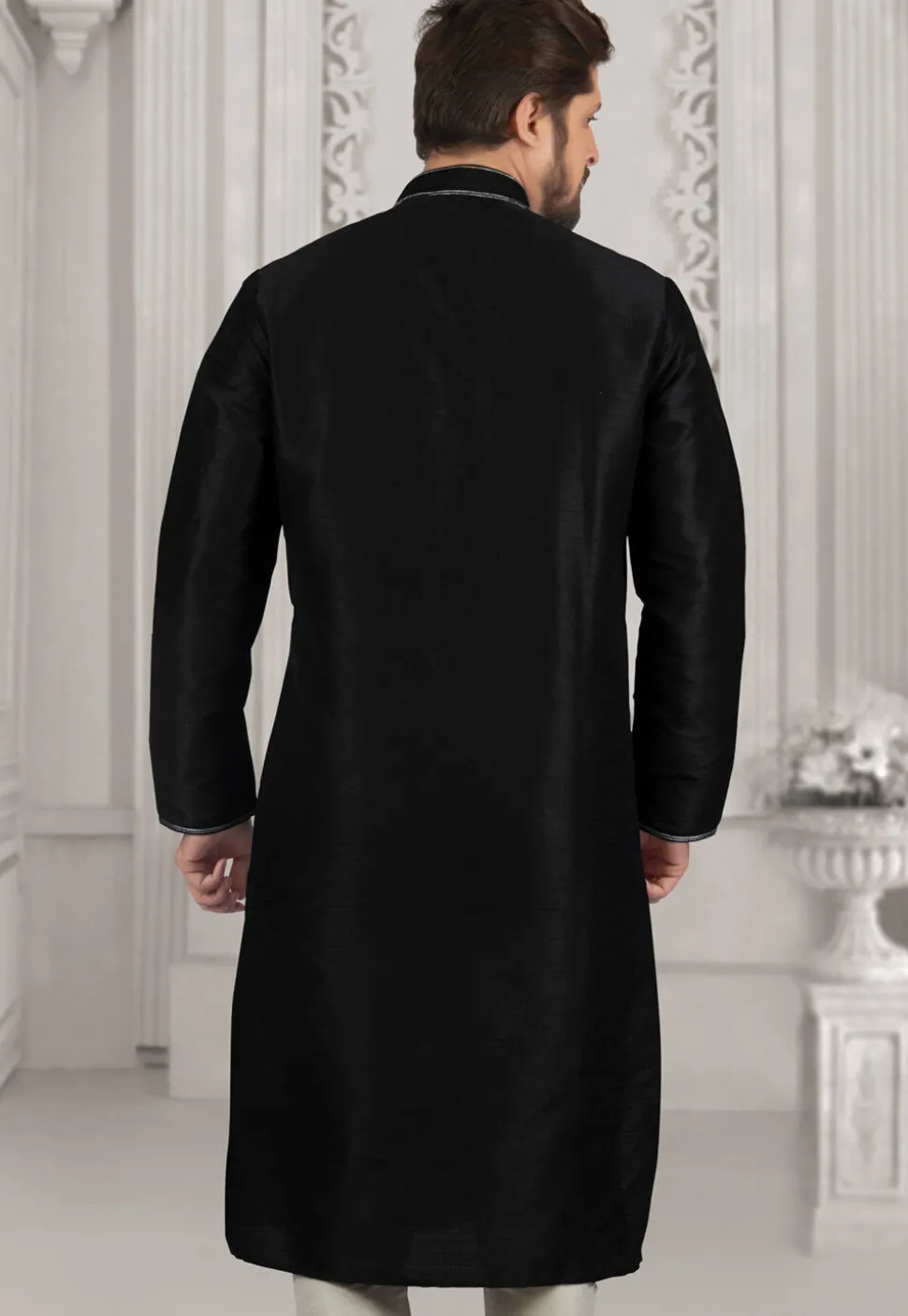 Embroidered Dupion Silk Kurta in Black