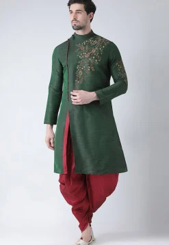 Embroidered Dupion Silk Kurta Set in Dark Green