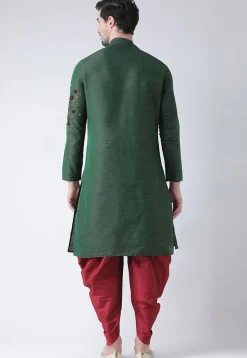 Embroidered Dupion Silk Kurta Set in Dark Green