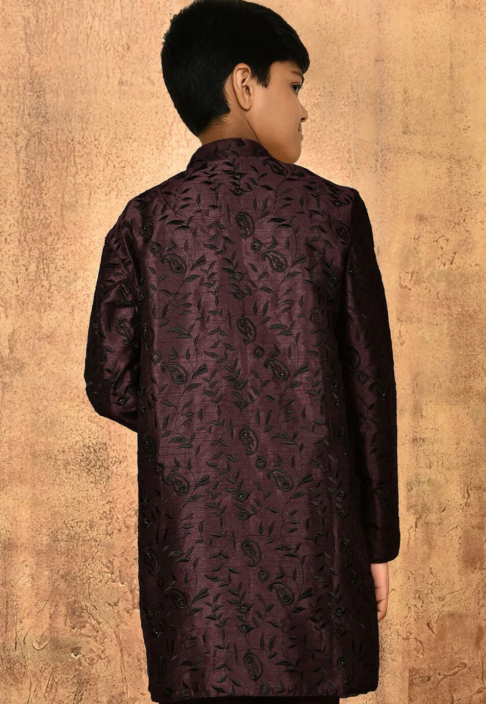 Embroidered Dupion Silk Kurta in Wine