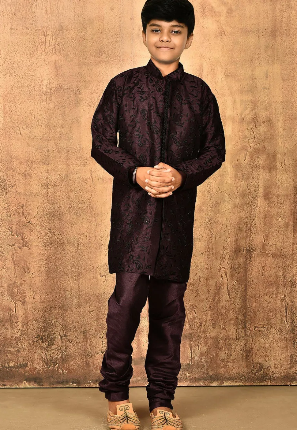 Embroidered Dupion Silk Kurta in Wine