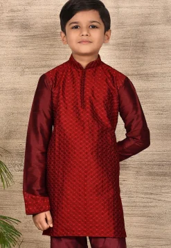 Embroidered Dupion Silk Kurta in Maroon