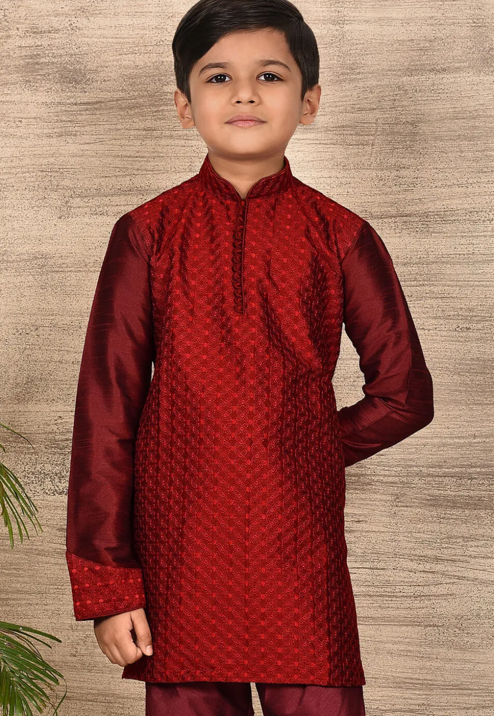 Embroidered Dupion Silk Kurta in Maroon