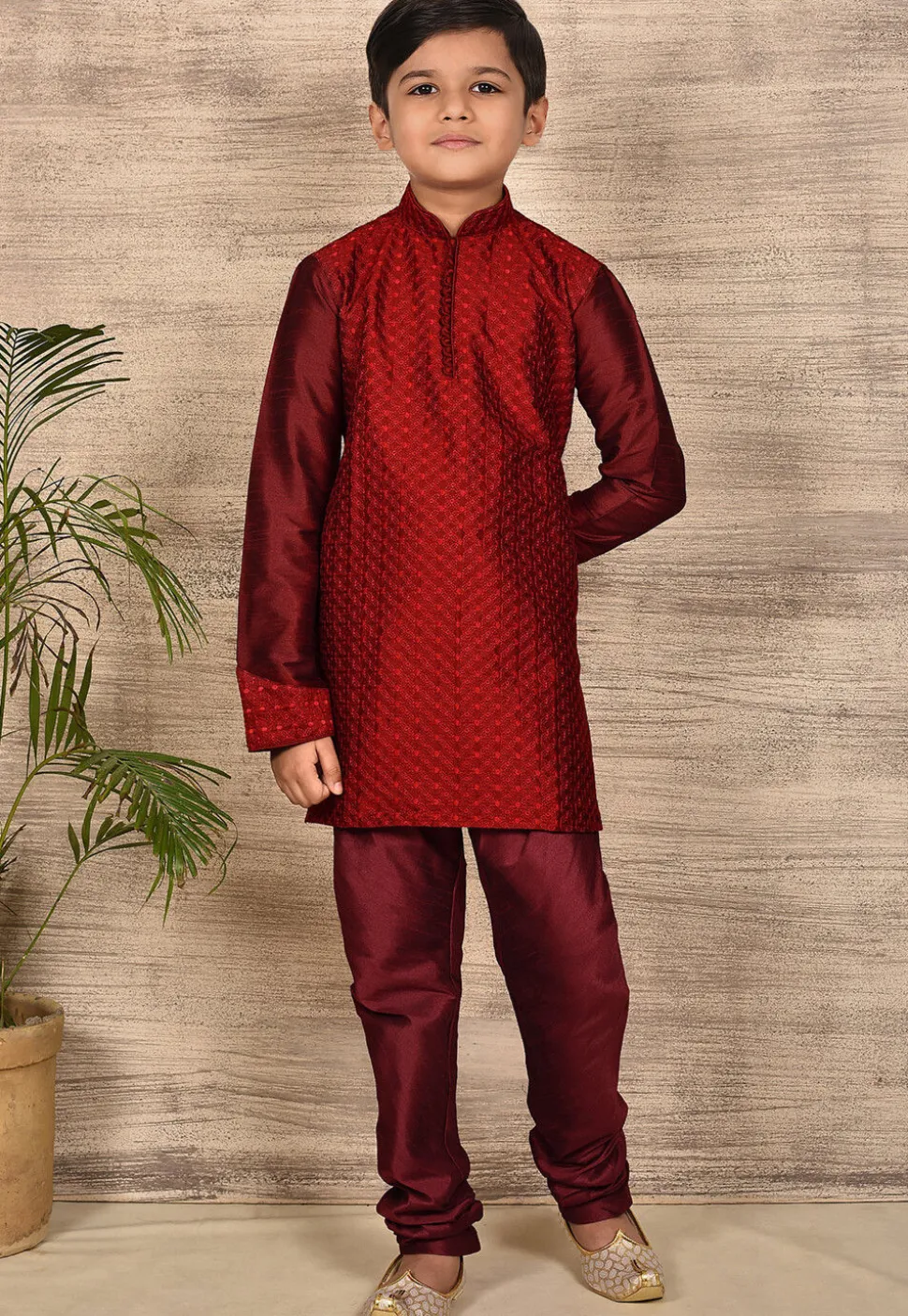 Embroidered Dupion Silk Kurta in Maroon